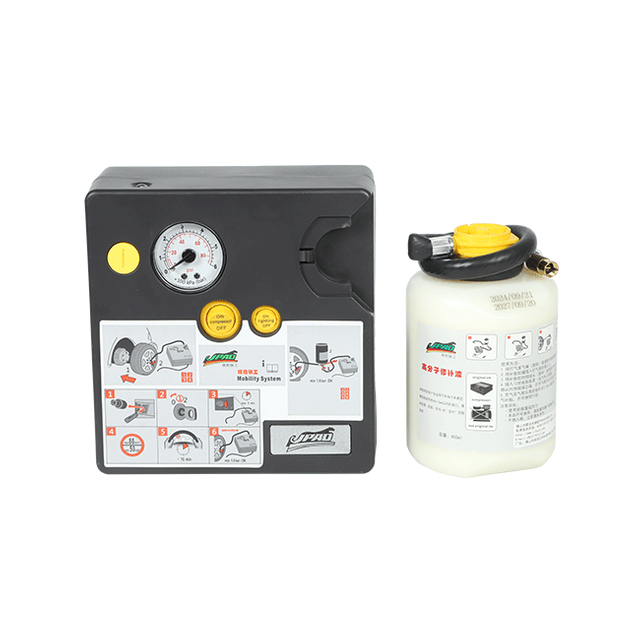 Car-specific tire repair sealant and air pump combo